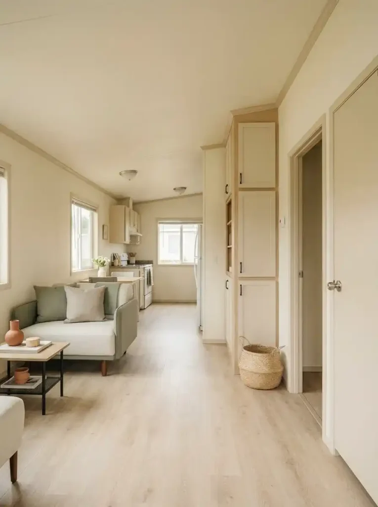 Shallow full-height storage tower on a narrow mobile home wall with open floor space and a clear walking route beside it.