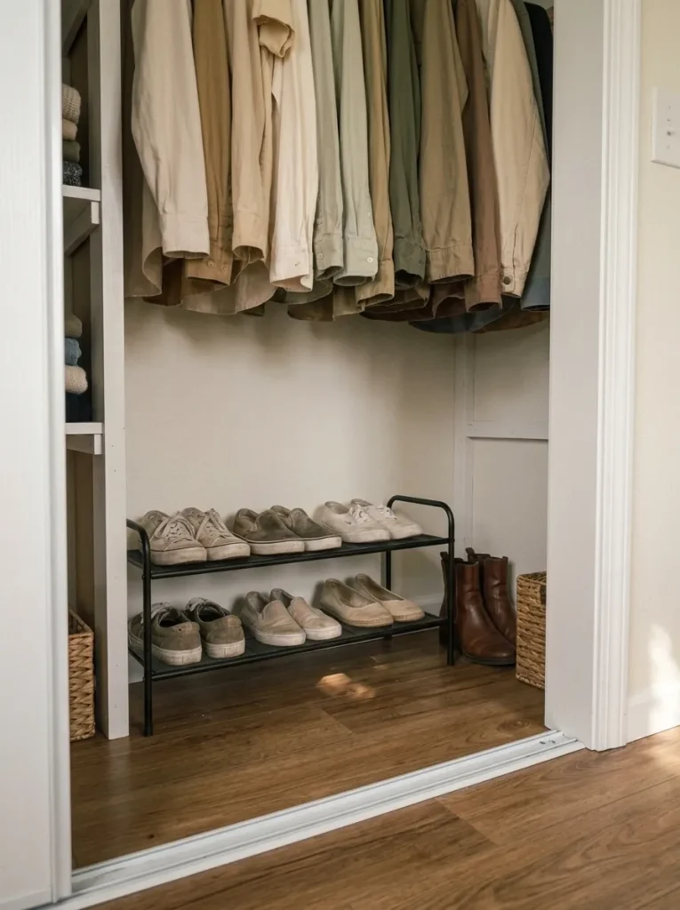 Two-tier shoe rack beneath short hanging clothes in a mobile home closet, with boots stored separately at one end.