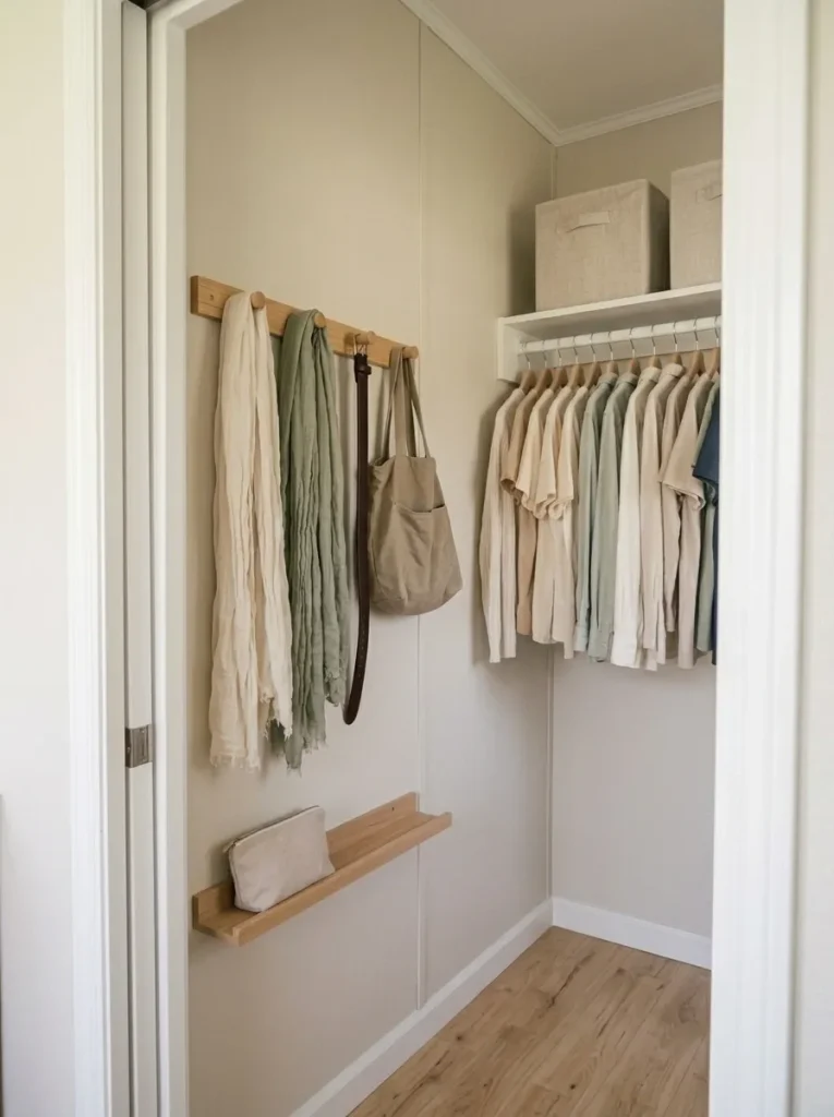 Narrow closet side wall fitted with a slim wooden hook rail for scarves, a belt, and a tote beside the hanging clothes.