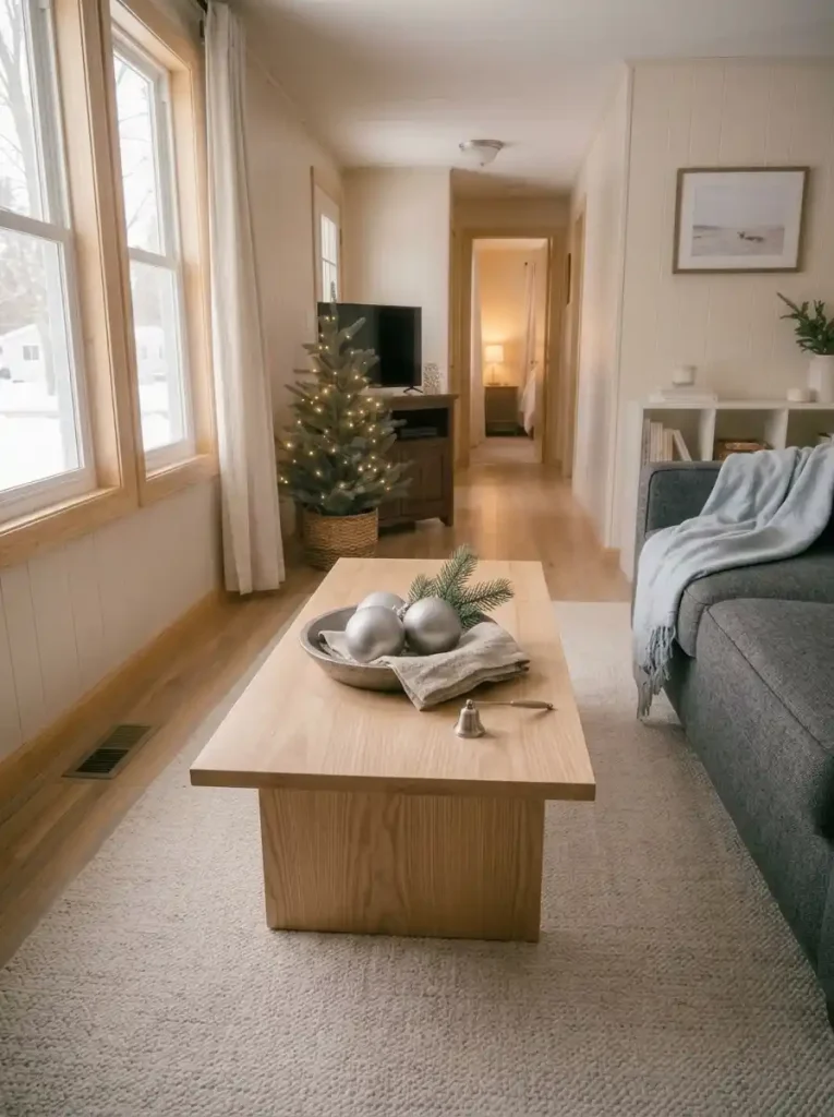 Silver and pewter Christmas ornaments arranged with evergreen branches on a small coffee table beside a bright window.
