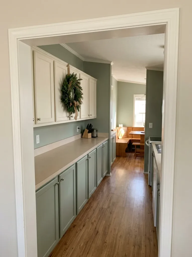 Single evergreen wreath on one upper kitchen cabinet seen from the living room of a compact mobile home.