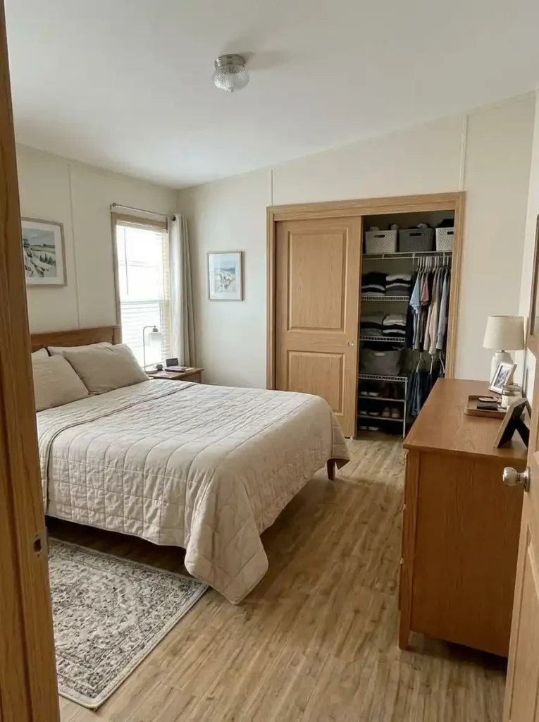 Single-wide bedroom with an organized closet, existing dresser and clear walking space instead of an extra storage cabinet.