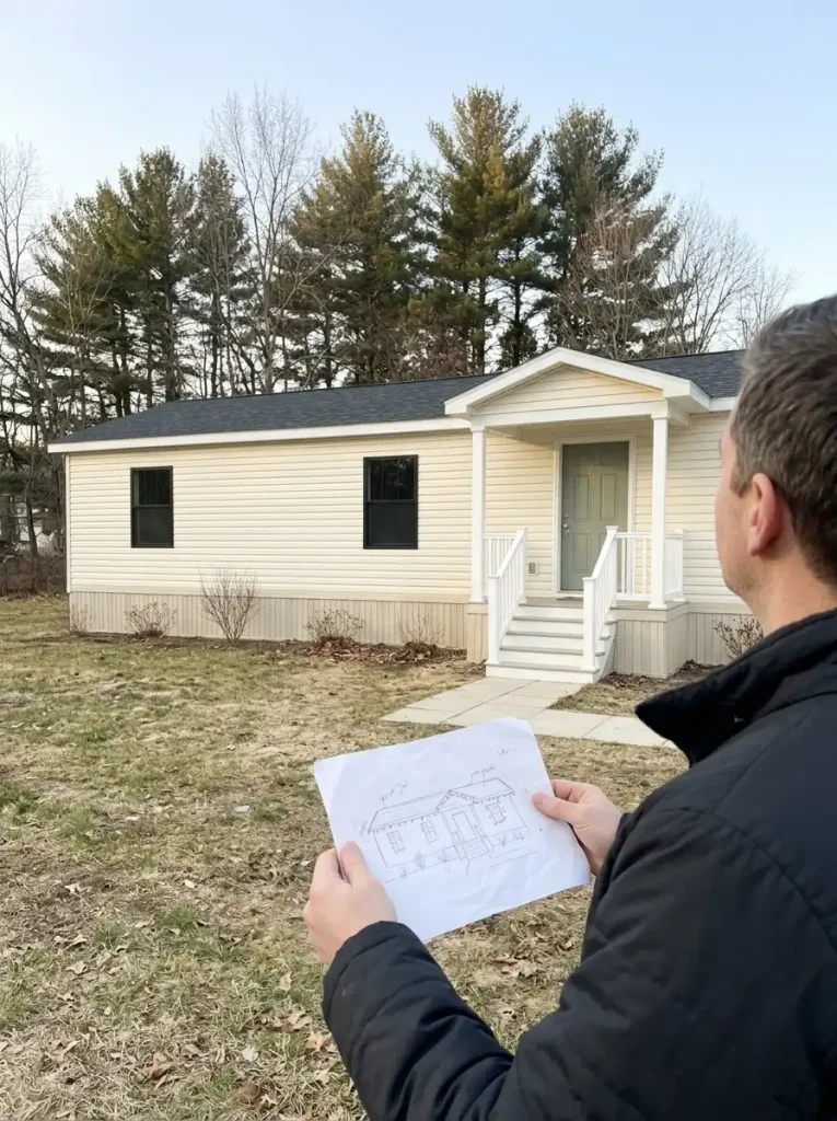 Homeowner planning Christmas lighting zones while examining the front roofline and porch of a single-wide mobile home.