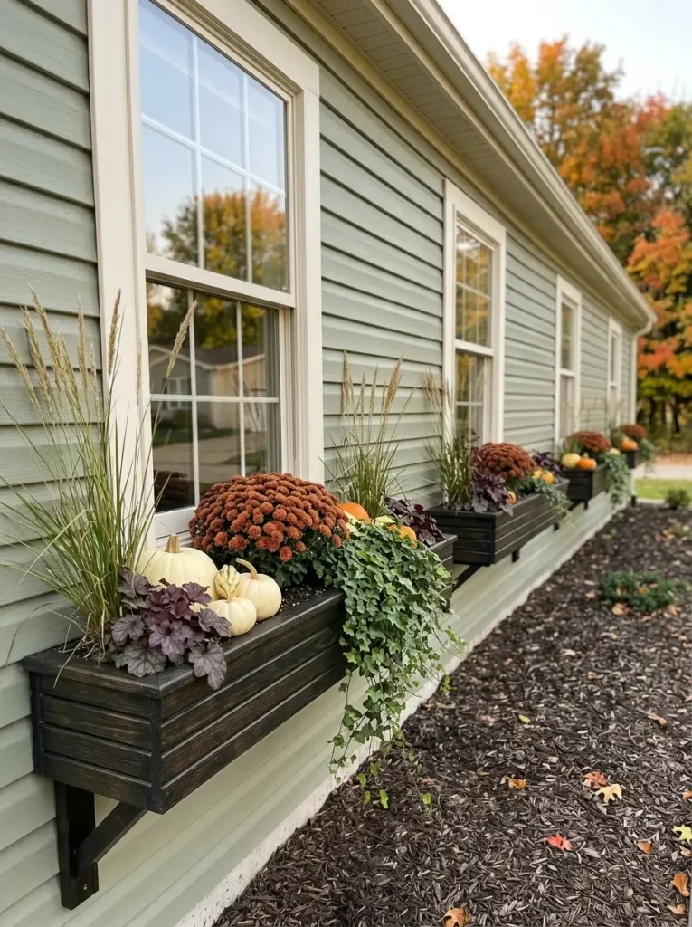 Three coordinated fall window boxes repeating mums and grasses along the long side of a sage-green single-wide mobile home.