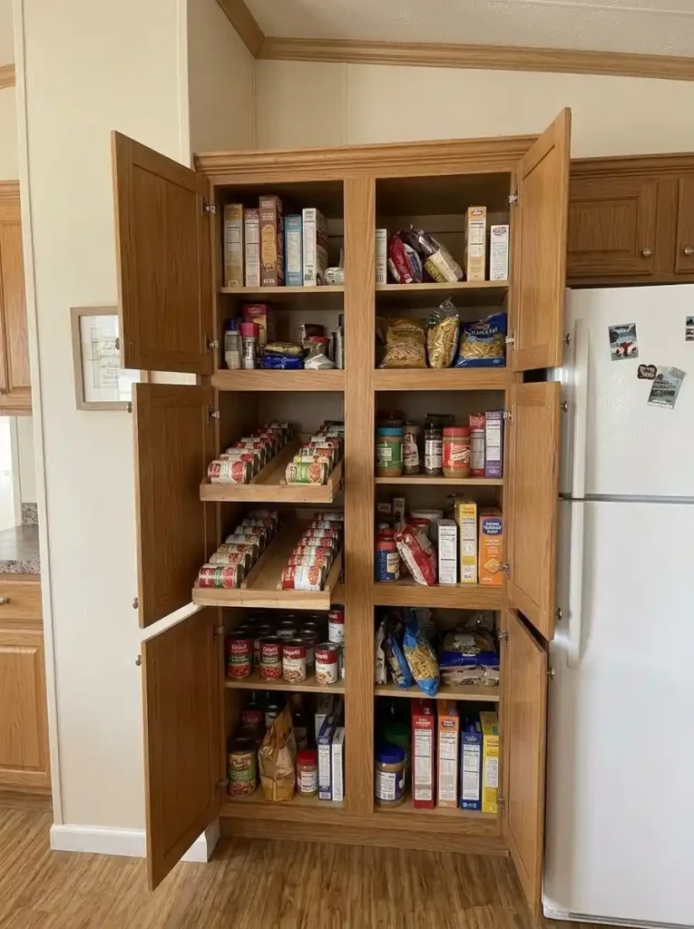Pantry cabinet with gravity-feed rows for frequently rebought canned staples and flexible shelves for other groceries.