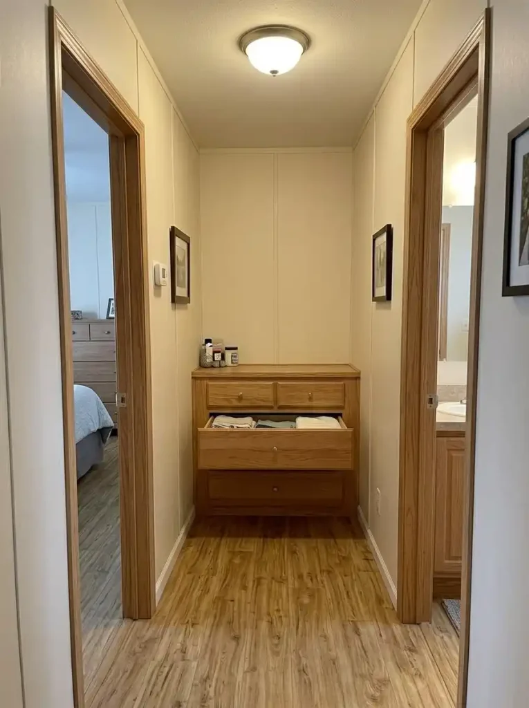 Drawer cabinet on the end wall of a single-wide hallway with the drawer opening toward the approach instead of across the passage.
