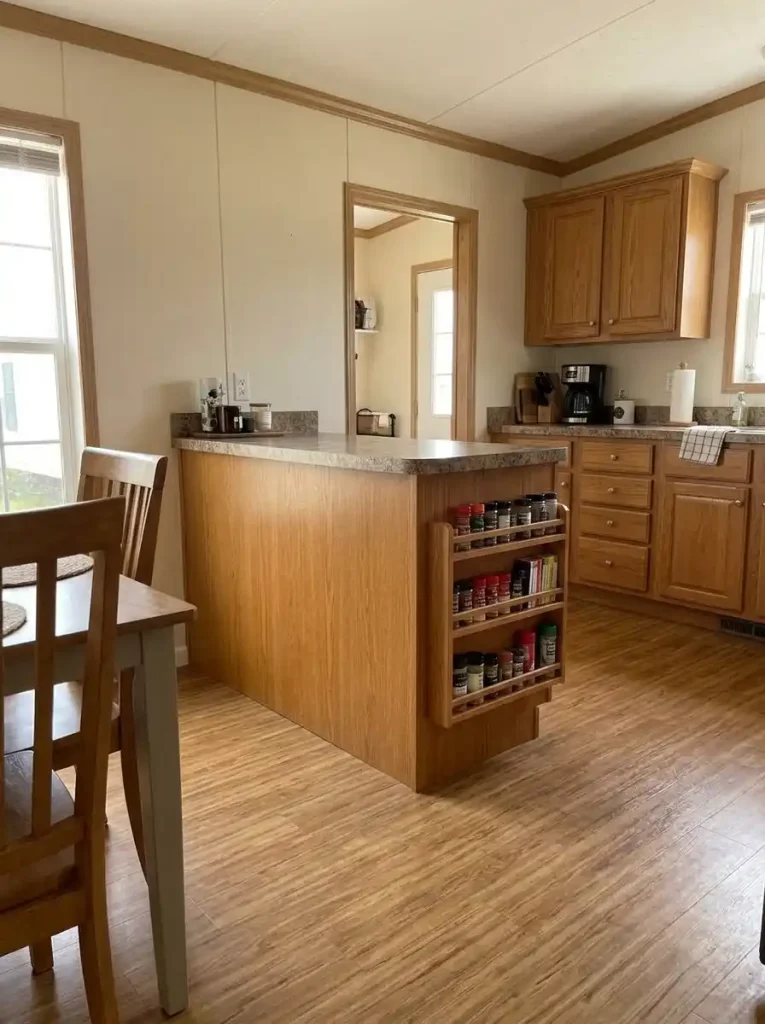 Very shallow organizer fitted to the end of a kitchen cabinet without projecting into the narrow single-wide aisle.