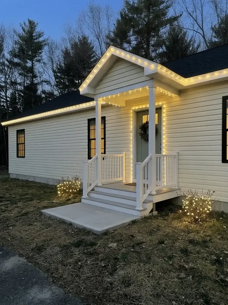 Single-wide mobile home with warm-white Christmas lights on low shrubs beside a clear concrete walkway and illuminated front porch.