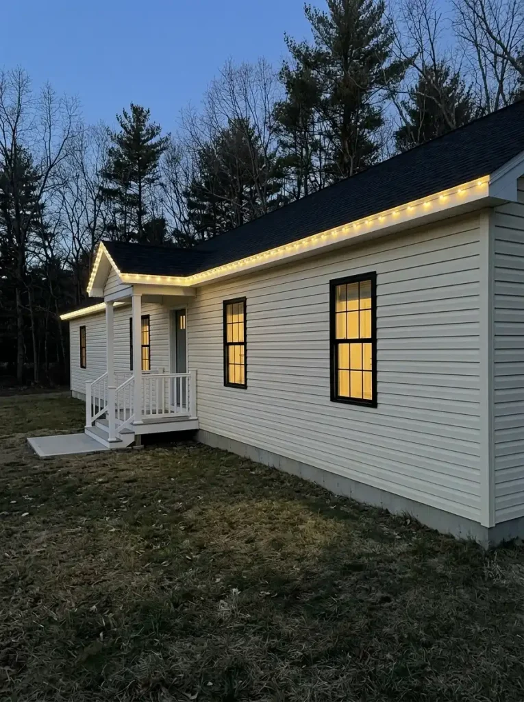Single-wide manufactured home with a continuous strand of warm-white Christmas lights installed along its front eave.