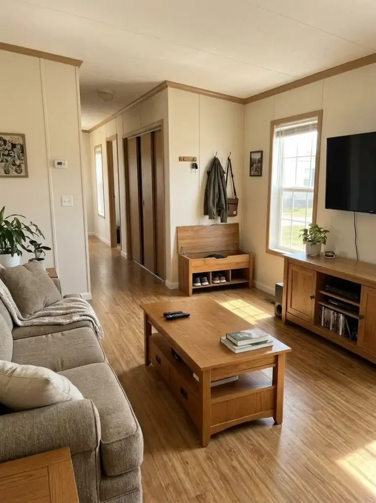 Single-wide living room using a storage coffee table, closed TV console and compact bench without adding extra floor-standing cabinets.