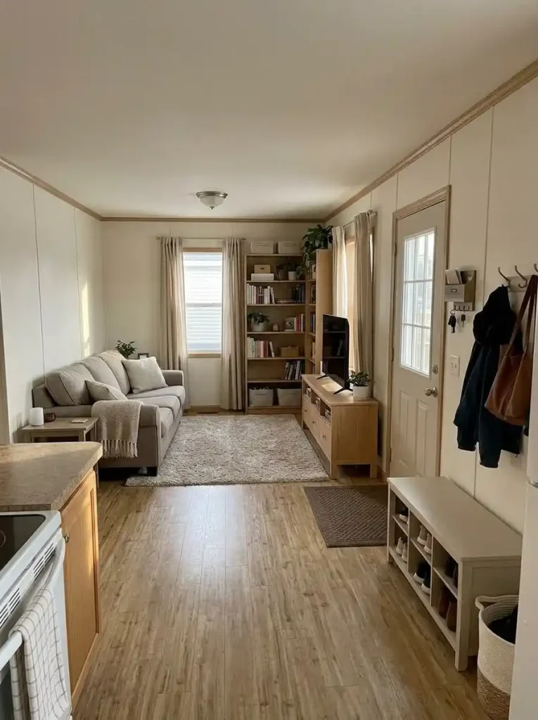 Organized single-wide living area with useful storage, a clear walking path and one uncluttered wall left as visual breathing room.