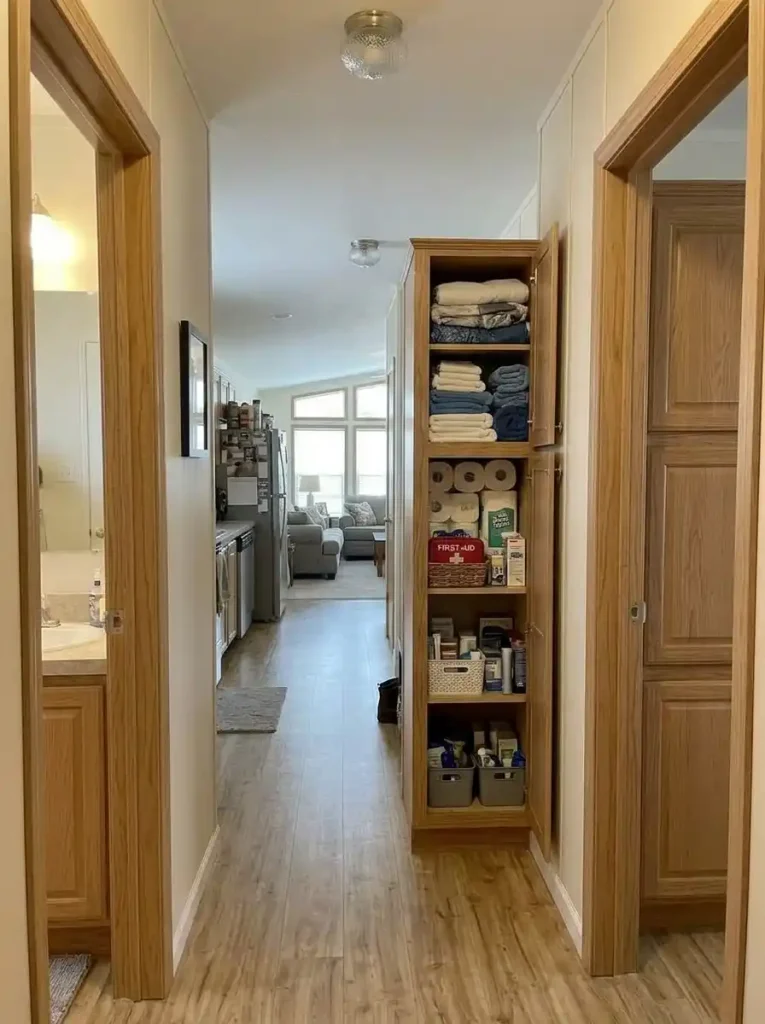 Shared hall cabinet near the bathroom, bedrooms and laundry storing reserve towels, paper goods and household supplies.