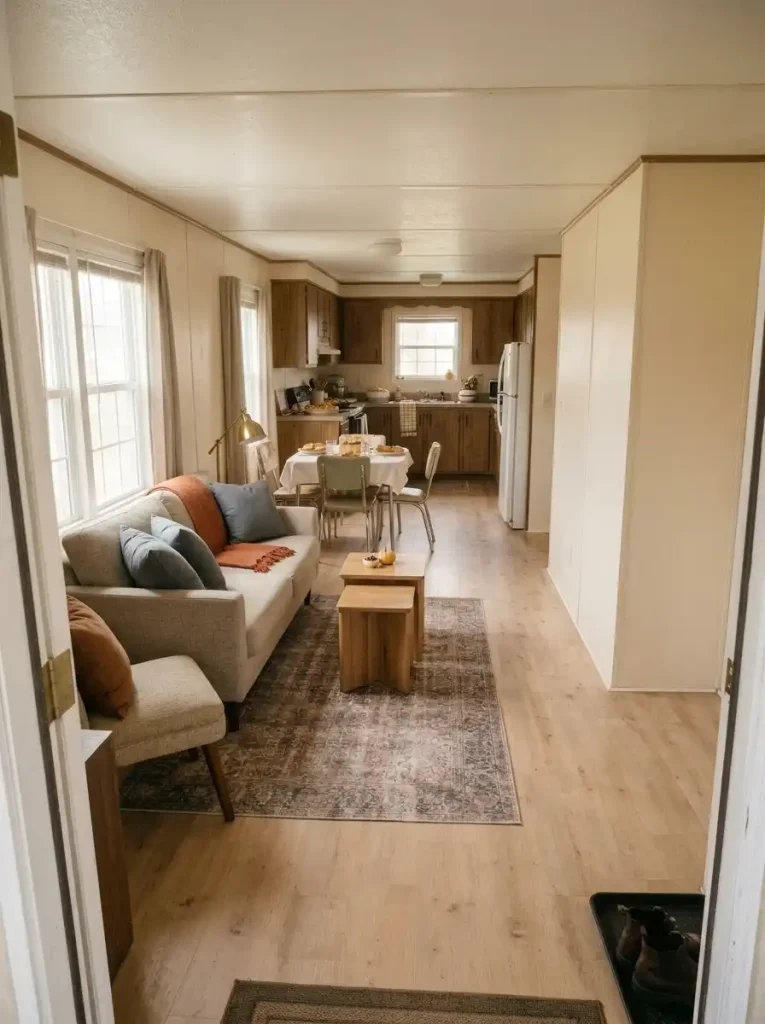 Long single-wide living room with furniture grouped along one wall and a clear Thanksgiving guest route widening near the kitchen.