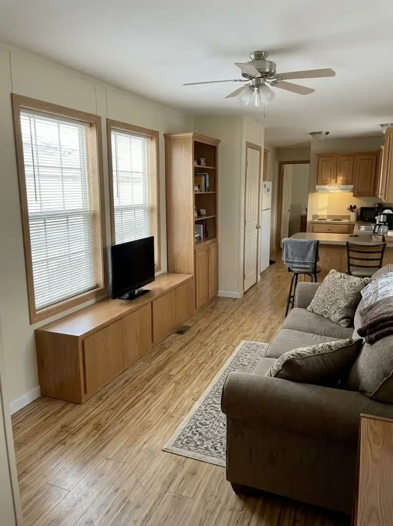 Single-wide living room with an asymmetrical TV storage wall combining closed cabinets, media storage and limited display.