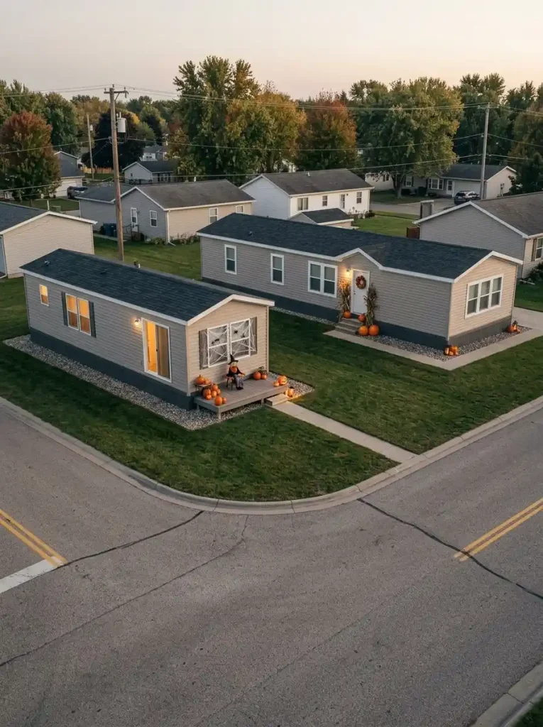 Single-wide and double-wide manufactured homes using a similar amount of Halloween décor but spacing the focal points differently across each frontage.
