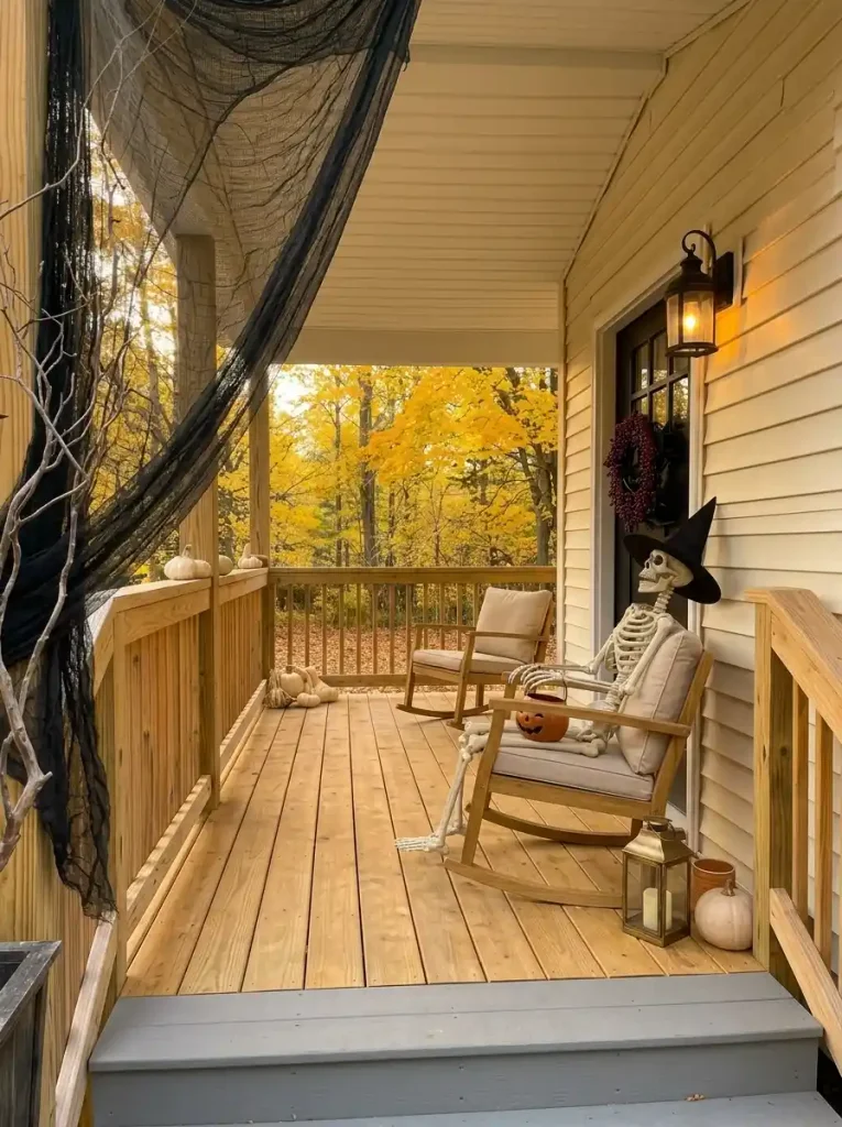 A single skeleton in a rocking chair becomes the Halloween focal point on a compact mobile home porch while the second chair and walkway stay usable.