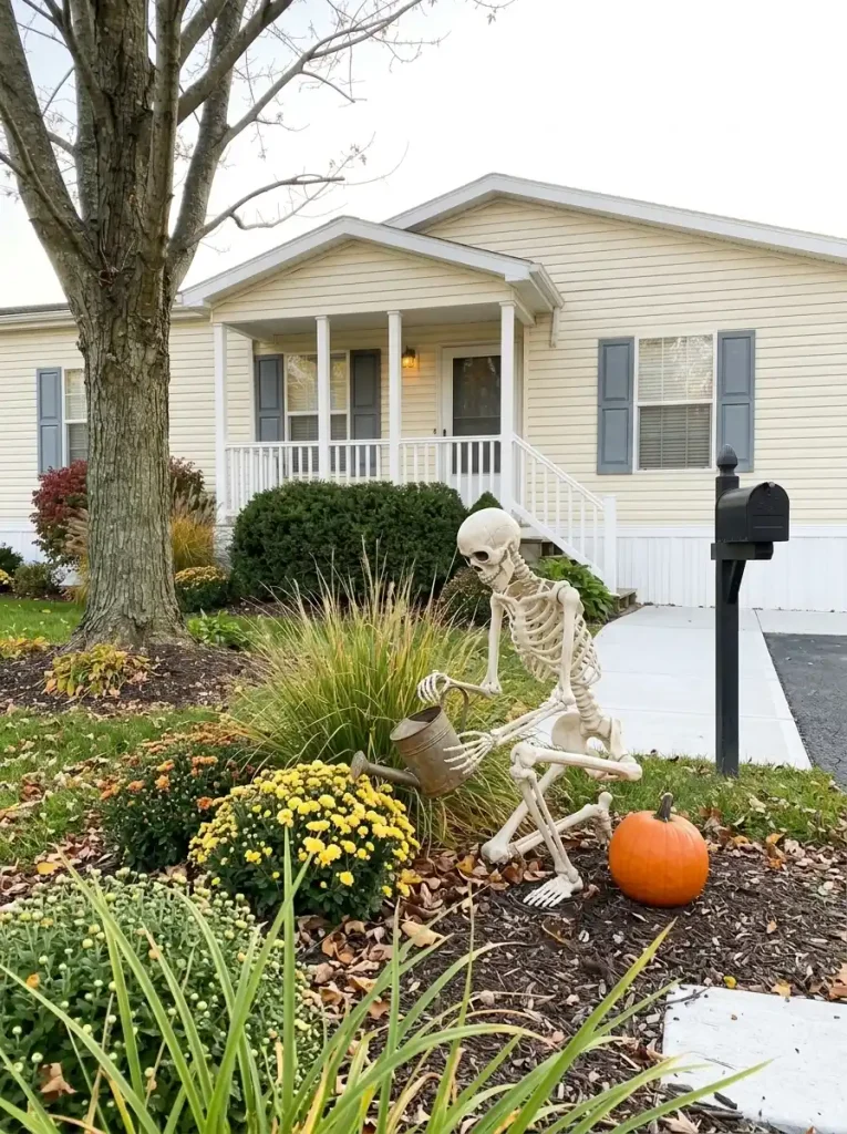 Skeleton watering mums beside a mobile home flower bed as a playful Halloween yard scene.