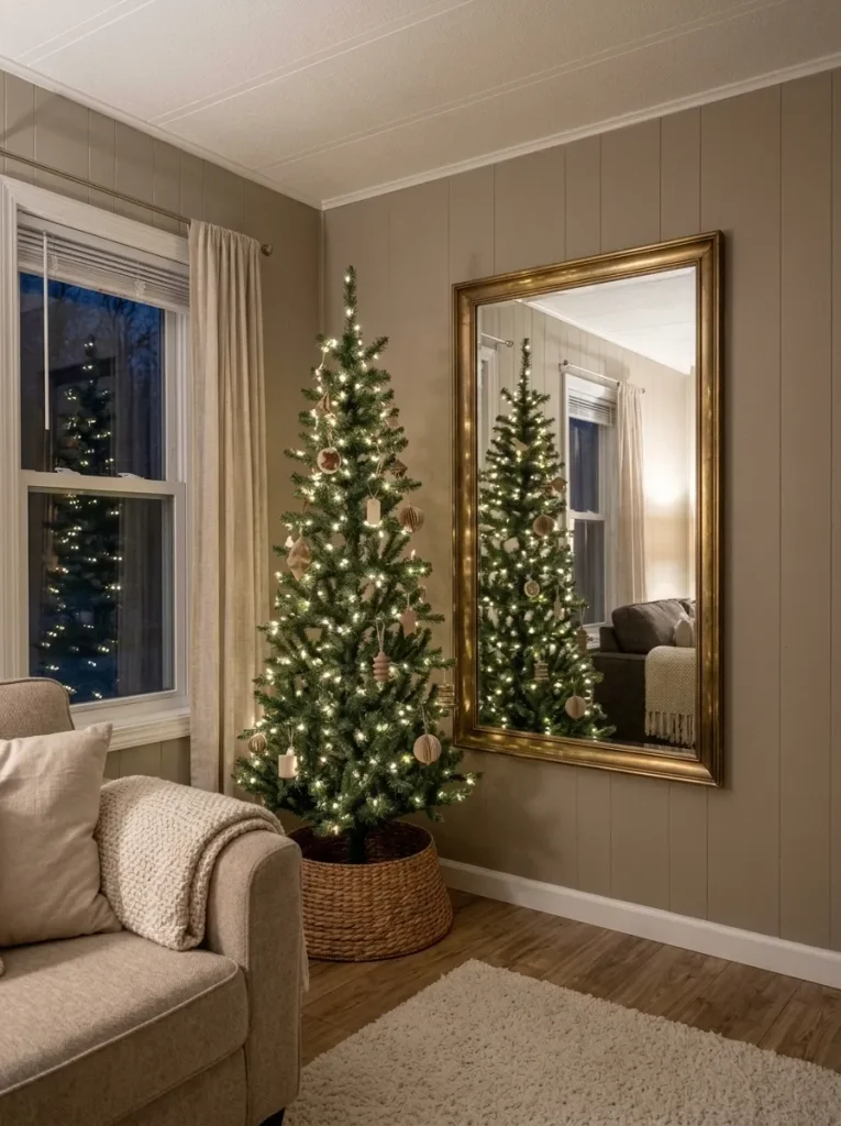 Slim Christmas tree beside a wall mirror with its warm lights reflected toward the sofa.