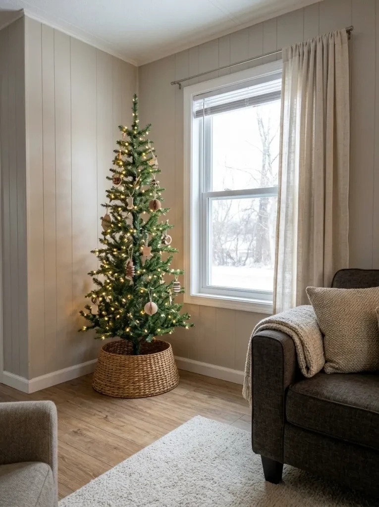 Sparse pencil Christmas tree beside an accessible window in a small mobile-home living room.