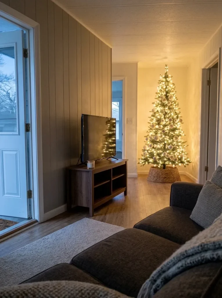 Slim Christmas tree beside a TV console without overlapping the screen in a narrow living room.