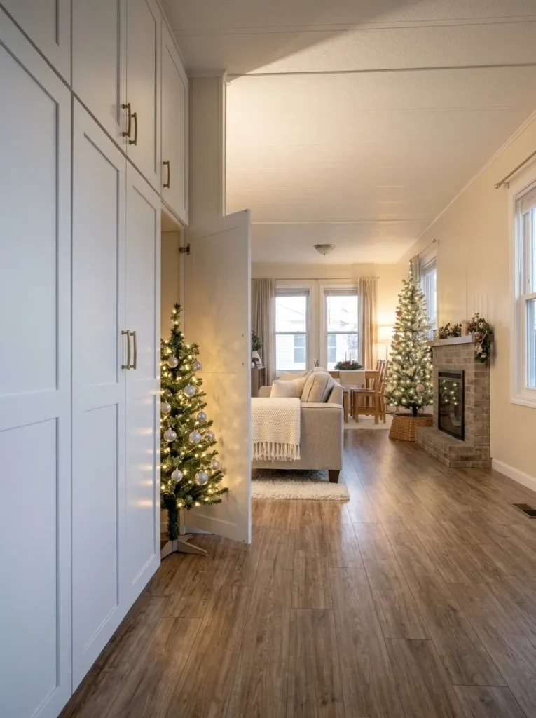 Pencil Christmas tree inside a small cabinet-side recess with nearby cabinet access preserved.