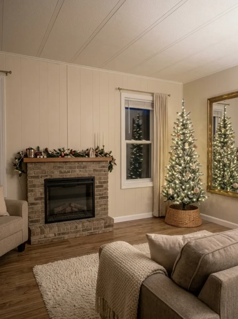 Flocked pencil Christmas tree positioned away from a fireplace in a narrow mobile-home living room.