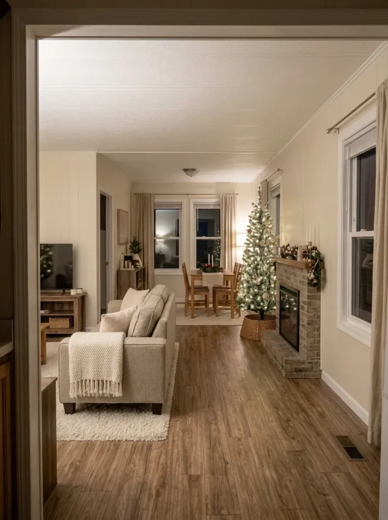 Narrow Christmas tree at the boundary between a mobile-home living room and dining nook, with a clear passage.
