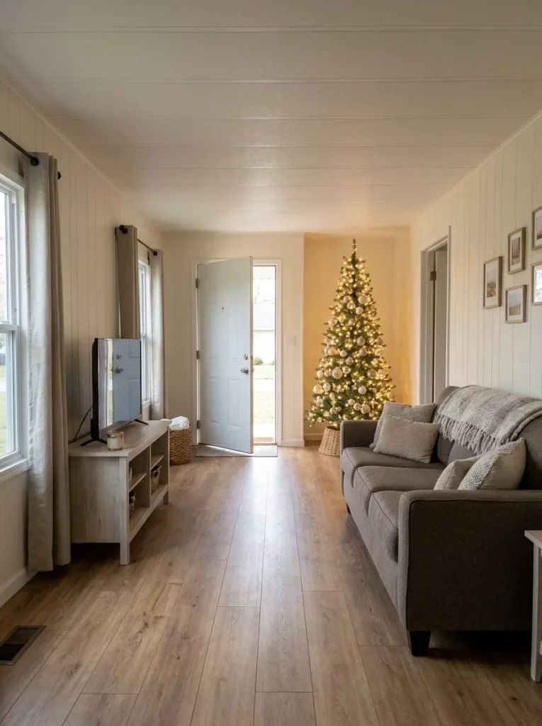 Pencil Christmas tree at the far end of a long mobile home living room with a clear central walkway.