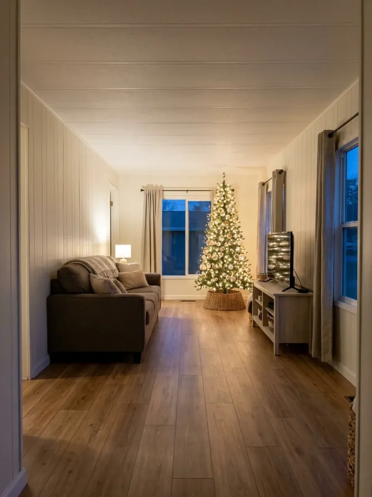 Slim Christmas tree in a wall pocket beside an open mobile-home front door, leaving the entrance clear.