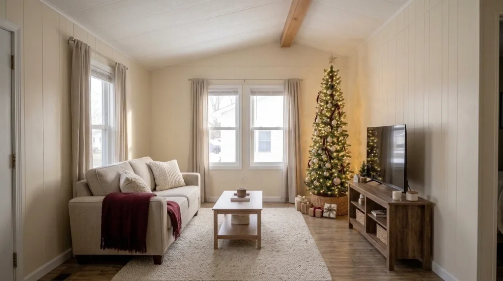 Slim decorated Christmas tree with warm lights and burgundy ornaments at the far end of a narrow mobile home living room.