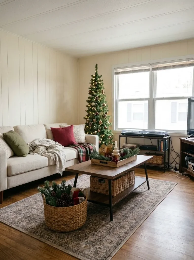 Slim lit Christmas tree positioned beside the window and cream sofa in a narrow mobile home living room