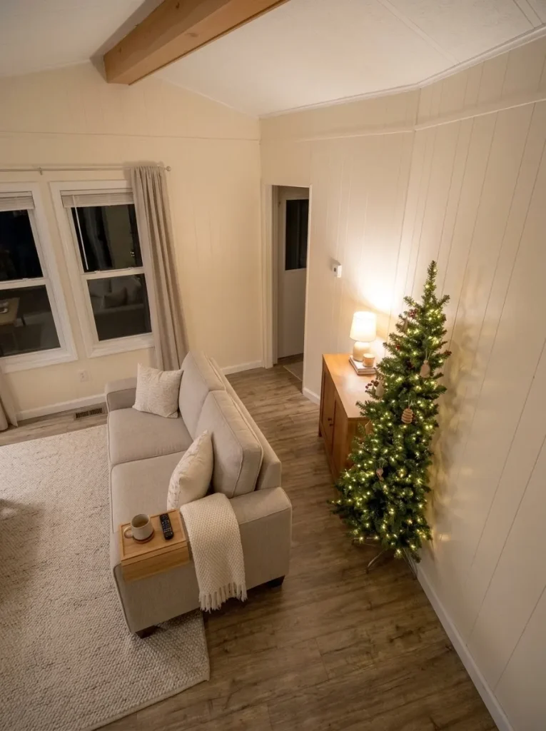 Slim Christmas tree replacing a side table beside a sofa, with a clear walking path in a mobile home.