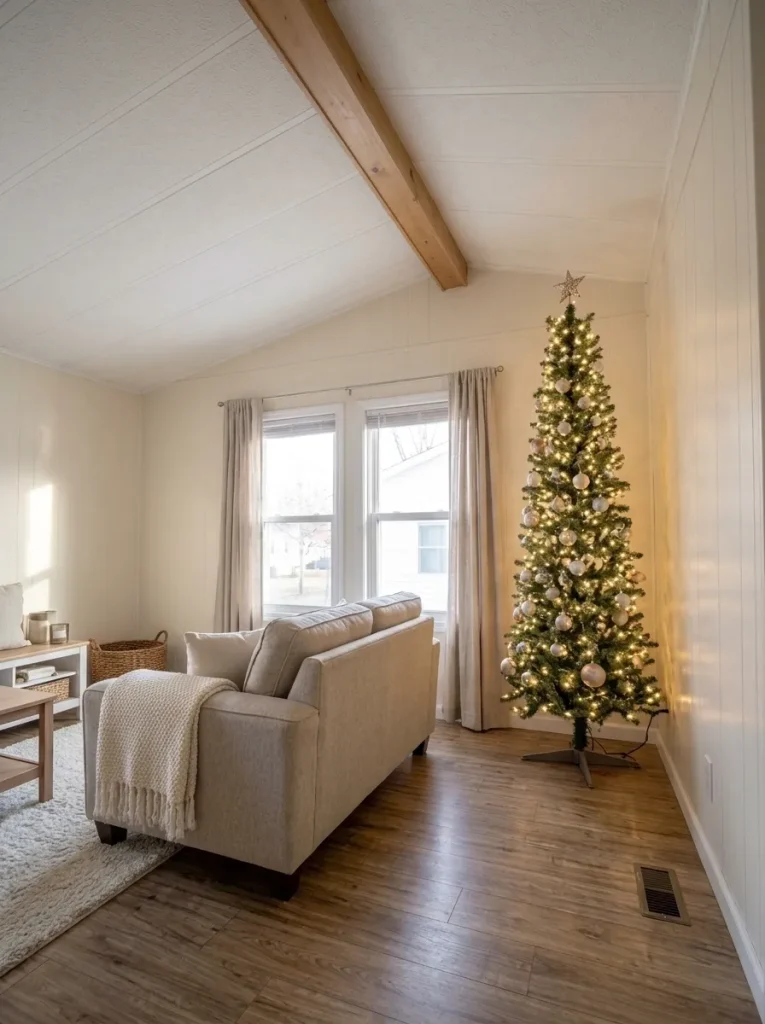 Tall pencil Christmas tree positioned below a sloped ceiling in a mobile-home living room.
