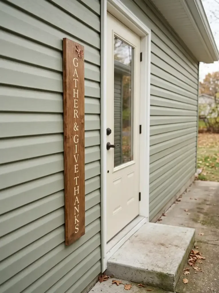 Narrow wooden Thanksgiving welcome sign mounted beside a cream glass-top manufactured home door without obstructing the entry.