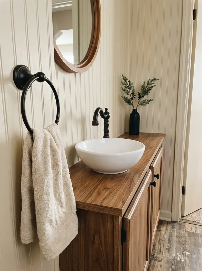 Slim vase of winter cedar stems in the back corner of a wood bathroom vanity with an open sink.