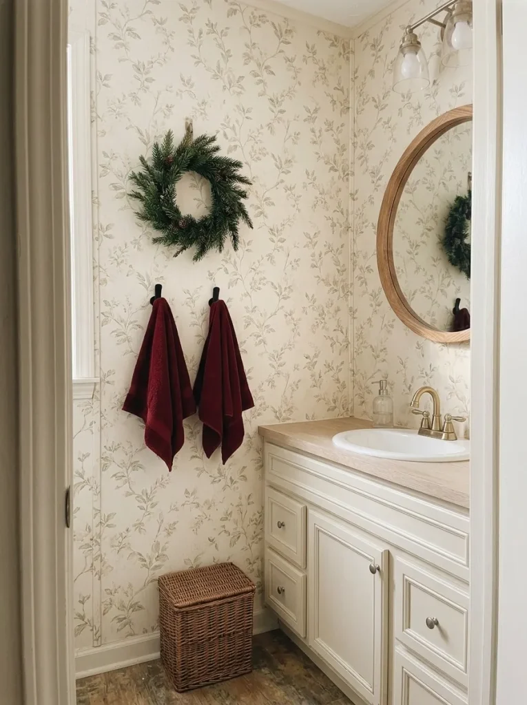 Petite Christmas wreath on the dry wall beside a white bathroom vanity and red hand towels.