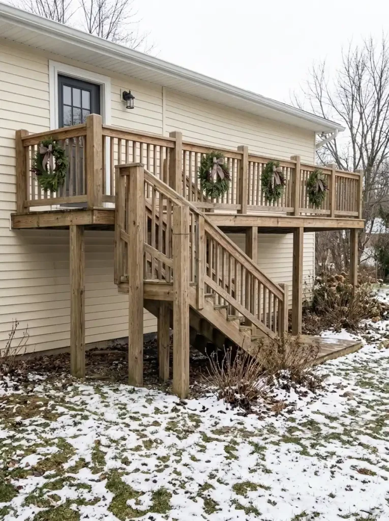 Small evergreen Christmas wreaths centered on the exterior railing panels of a mobile-home deck.