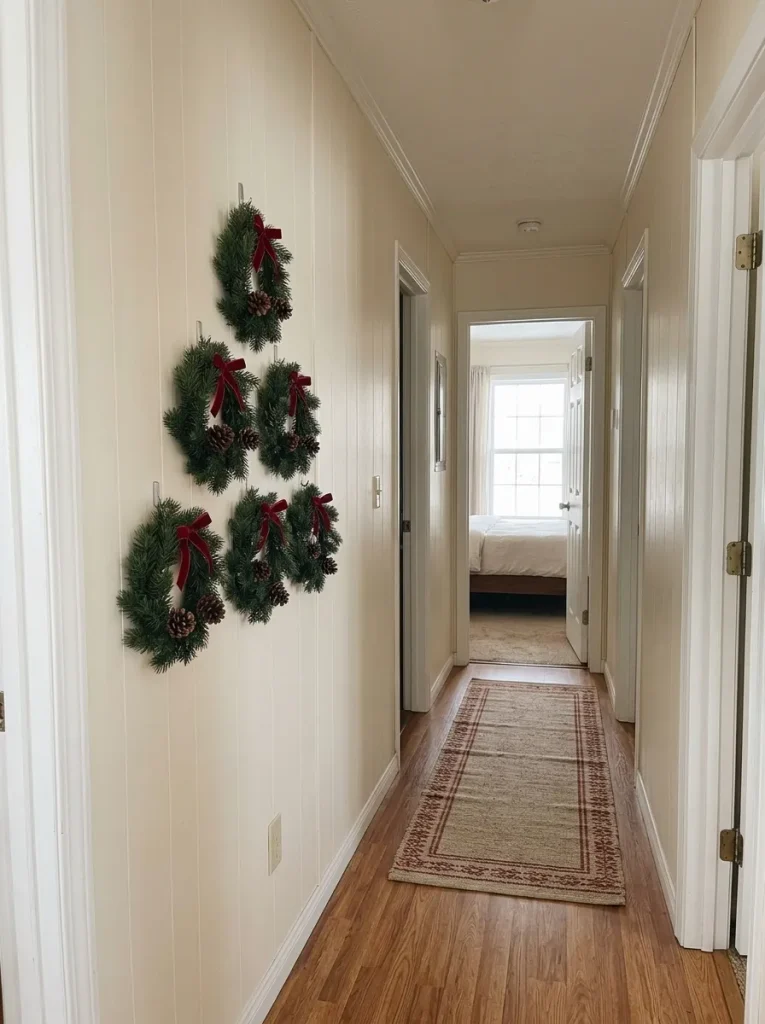 Six mini evergreen wreaths arranged in a Christmas tree shape on a narrow mobile-home hallway wall.