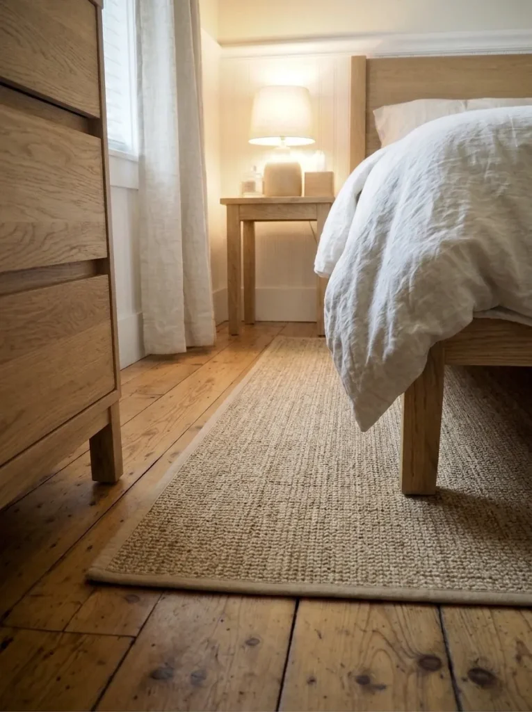 Low-profile woven bedside rug lying flat beside a guest bed on oak-look mobile-home flooring.