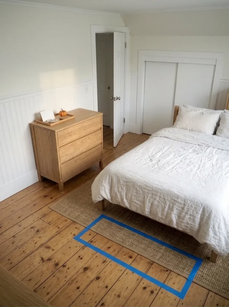 Painter's tape outlining a proposed foot-of-bed bench in a narrow mobile-home bedroom with visible floor clearance.