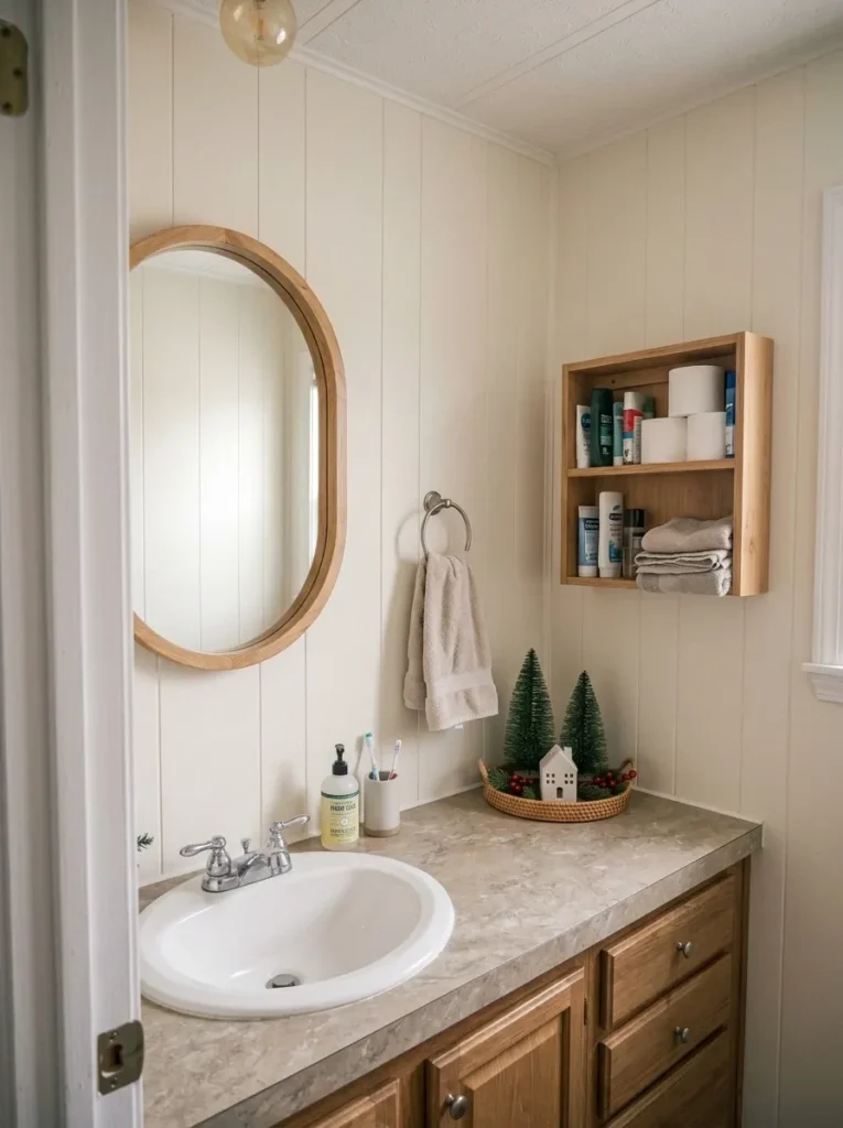 Small mobile home bathroom with wicker tray, miniature evergreen trees, and ceramic Christmas house