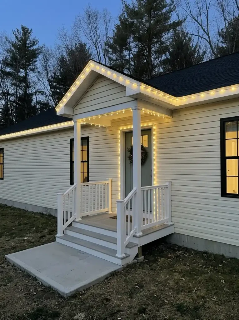 Small white manufactured-home porch with warm-white Christmas lights around the covered entrance and a wreath on the front door.