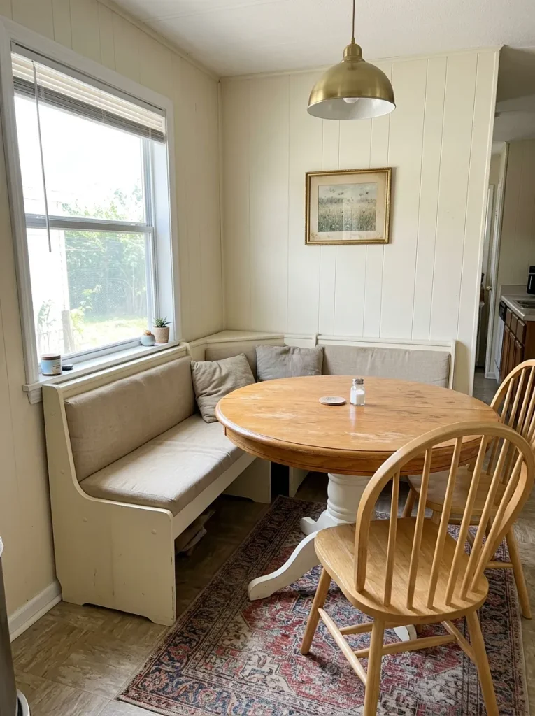 Plain small mobile home dining nook before Thanksgiving decorating, showing the existing table, bench seating, and available space.