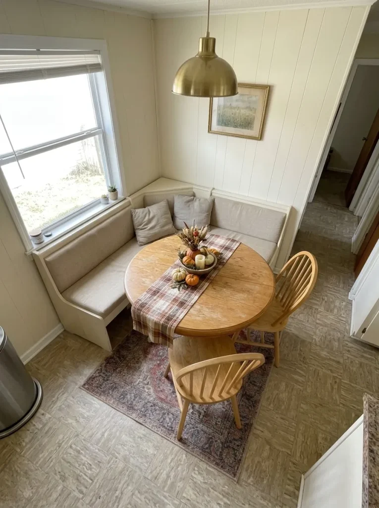 Elevated view of a compact mobile home dining nook showing round table placement, corner bench, and clear kitchen access.