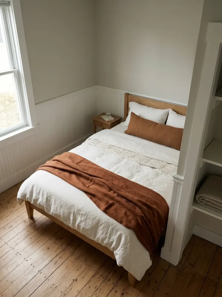 Small guest bed with layered cream quilt, removable rust throw, and a spare blanket stored on a nearby closet shelf.