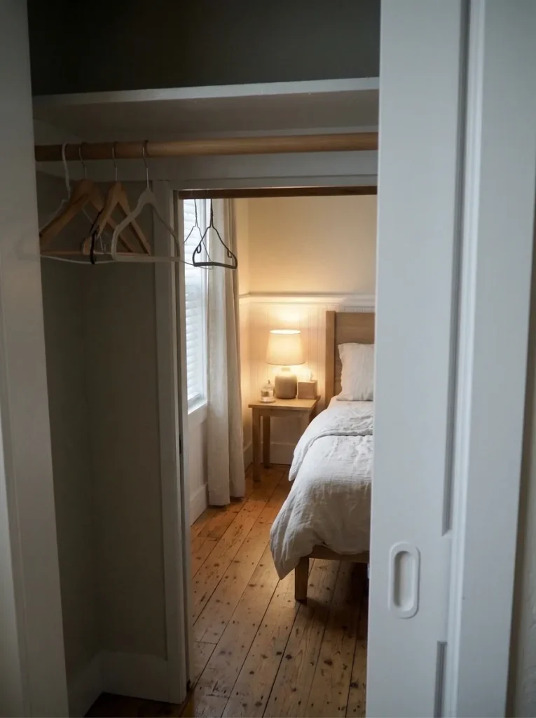 Small mobile-home sliding closet with empty hangers and a cleared shelf for Thanksgiving overnight guests.