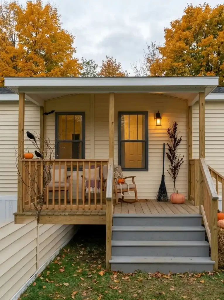 Narrow side-wall Halloween arrangement with a broom, branches and one pumpkin beside a mobile home door while the opposite side stays open.