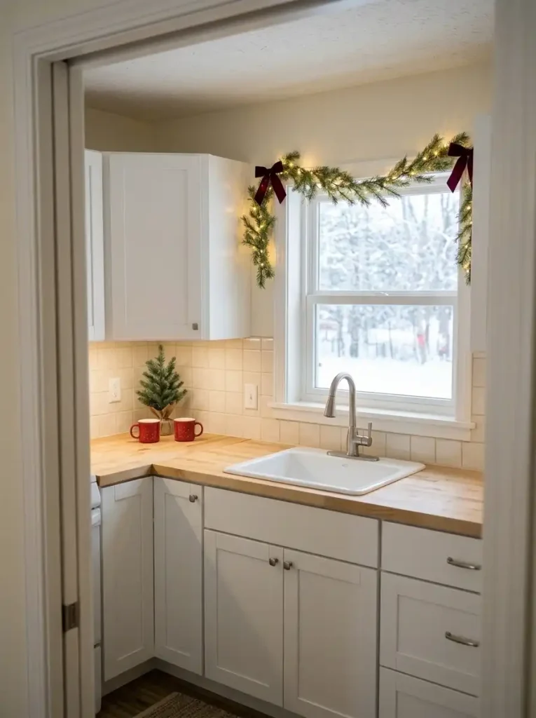 Small mobile home kitchen with Christmas garland above a sink window and red holiday mugs on the dry counter.
