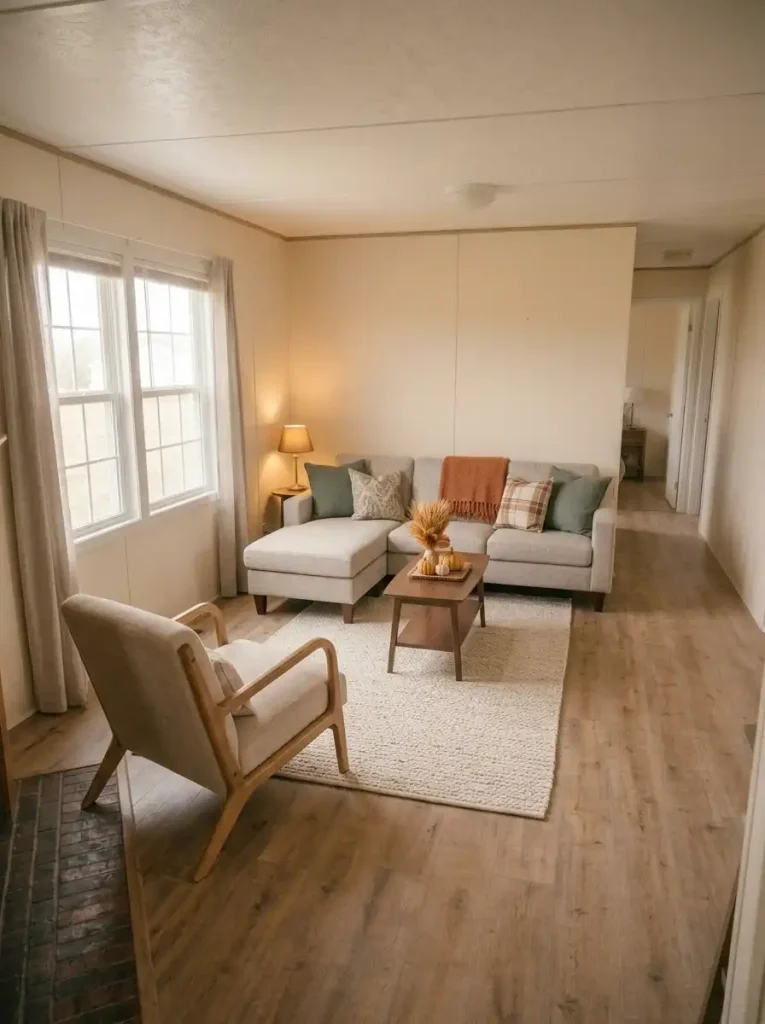 Window-side sectional with one extra armchair angled toward the sofa and an open guest walkway in a small mobile home.
