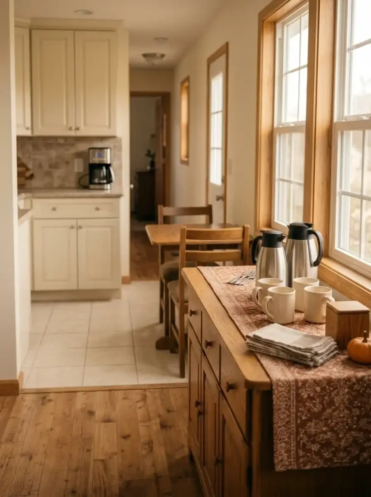 Thermal coffee carafes and mugs on a mobile home sideboard with the brewer in the kitchen.